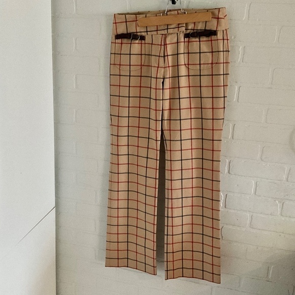 Vintage Y2K Women’s Trouser Pants Beige/tan/navy plaid Flare High rise size 8 - Picture 2 of 11